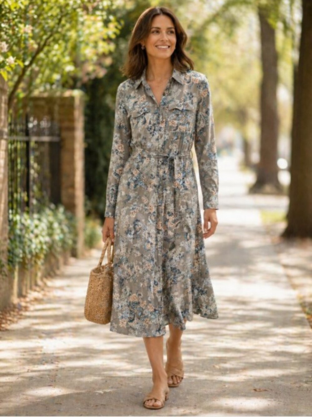 Lucky Brand Sage Floral Paisley Long Shirt Dress